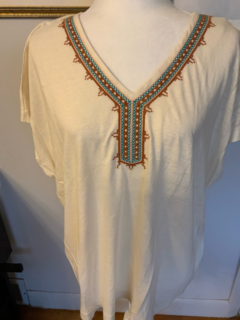 Ivory V-Neck Embroidered Tunic with Turquoise & Rust Detail
